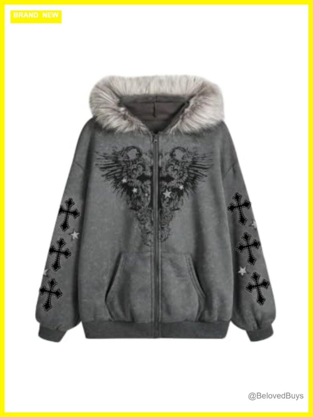 Fur Zip Up Hoodie Gothic Emo Y2K Punk Jacket Women's